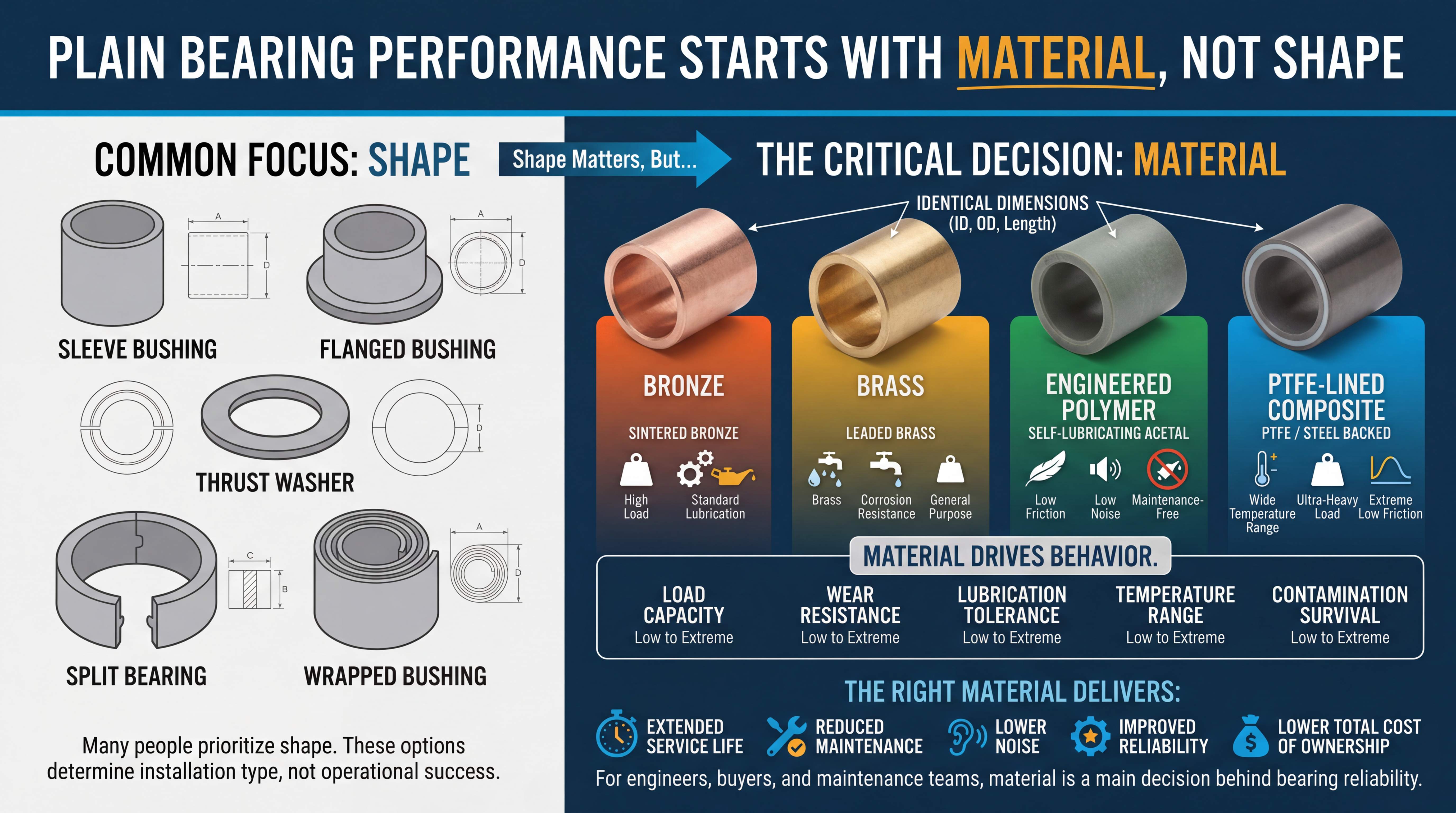 Plain bearing material selection infographic comparing bronze, brass, engineered polymer, and PTFE-lined composite bushings by load, wear, lubrication, temperature, and contamination performance